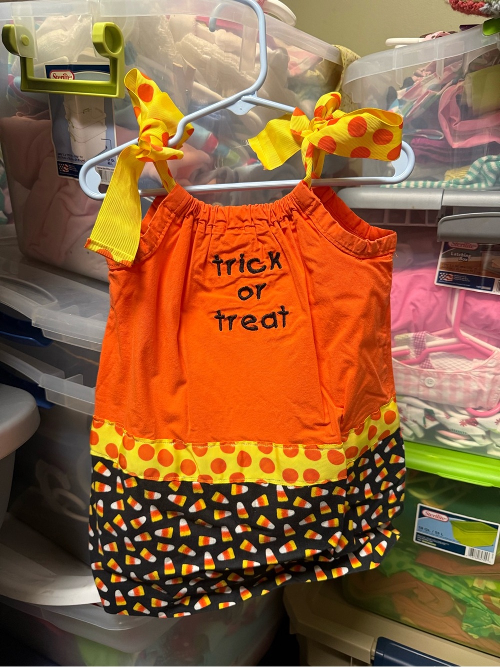 Girls Orange 'Trick or Treat' Halloween Dress with Candy Corn Print